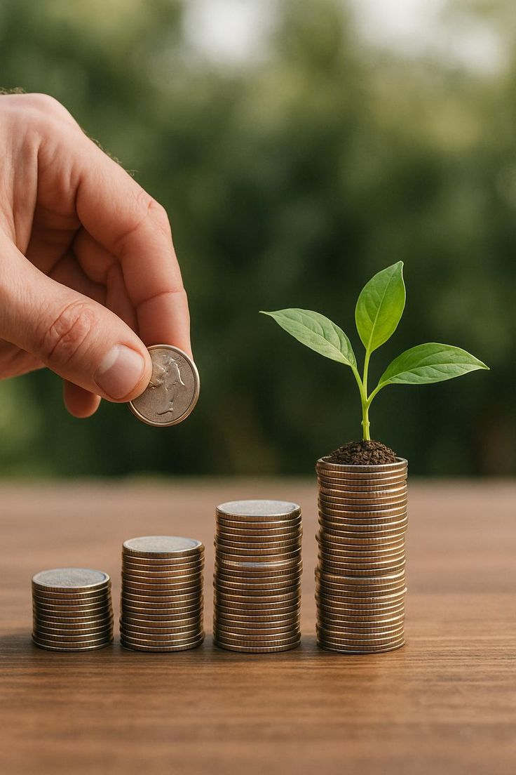 Strategic investment growth with stacked coins and growing plant